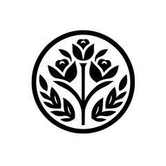 Floral Emblem: Minimalist Black Rose Circle Logo on White Background