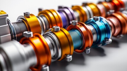 Close-up of colorful industrial components demonstrating precision engineering.