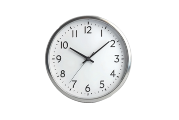 Minimalist Round Wall Clock with a White Face, Black Numbers, and a Silver Frame, Showing the Time at 10:10
