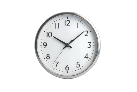 Minimalist Round Wall Clock with a White Face, Black Numbers, and a Silver Frame, Showing the Time at 10:10
