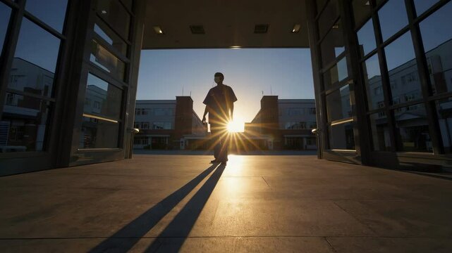 Silhouette of a healthcare worker standing in front of a hospital at sunrise, glowing backlight symbolizing strength, dedication, and heroism in the medical field during challenging times
