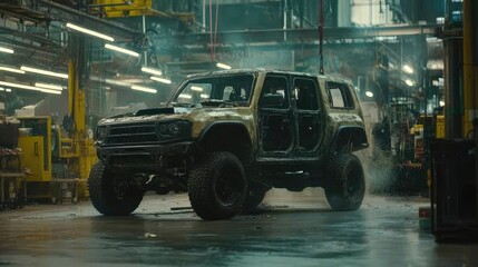 Assembly line shot showing a vehicle moving through multi-stage construction