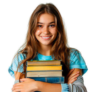 Smiling girl schoolgirl or student in blue t-shirt holding stack of books isolated on transparent pnn background. Education, learning, school concept