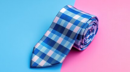 Blue checkered tie rolled perfectly on a soft gradient background from pink to blue