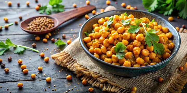 Chickpeas in a bowl with scattered cumin seeds and fresh coriander leaves on top, garnishing the dish with a pop of color , herbal flavors, cumin