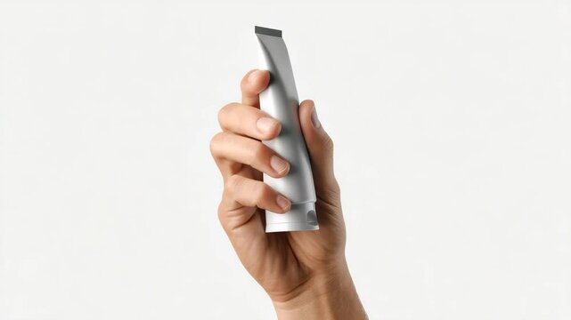 Hand holding a white tube of something. The tube is empty and the hand is empty