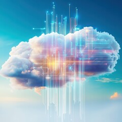 Obraz premium Hyperrealistic cloud structure over tech-inspired landscape digital art bright environment aerial viewpoint