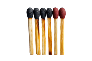 Group of burnt matchsticks with charred tips isolated on transparent background