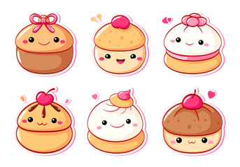 Vector set of traditional Chinese pastries mantou buns. Cute asian dessert in kawaii style. Delightful assortment of desserts in a charming, whimsical style. Can be used for t-shirt print, sticker