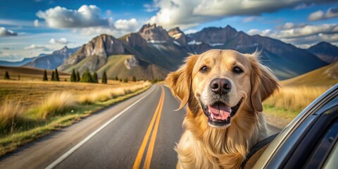Golden Retriever driving a car on a scenic road with mountains in the background, nature, excited,  nature, excited