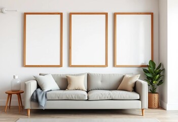 Empty wooden frames on white wall, comfy sofa,  mock up,  house