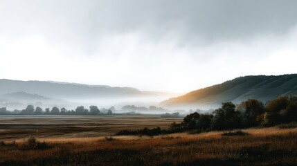 Misty Morning Landscape: Serene Valley Sunrise