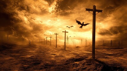 Naklejka premium Electric poles standing tall in a desert region with a dramatic sky overhead