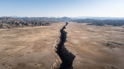Large desert fault line cracking dry earth. tectonic activity and seismic risk