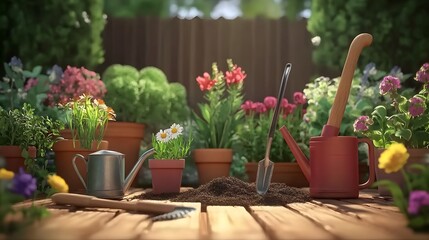 A vibrant garden scene with tools and flowers.