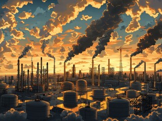 A sunset view over an industrial landscape filled with smokestacks and storage tanks.