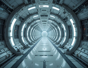 Walking Through Futuristic Circular Tunnel with White Lights