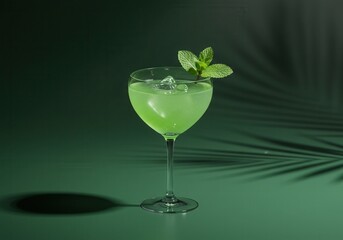 Green cocktail with ice and mint garnish on a green surface with palm leaf shadow