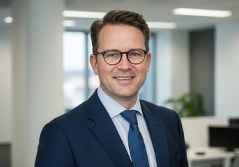 Obraz premium Smiling businessman wearing glasses and suit in office environment portrait