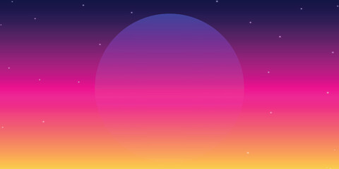 Fototapeta premium A stylized horizon with a sunset or sunrise, made in bright colors: from deep purple at the top to orange at the bottom. Several stars are visible in the background.