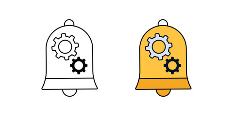 Notification settings icon with a bell and gear symbol, representing managing alerts and digital control, in outline and color styles.