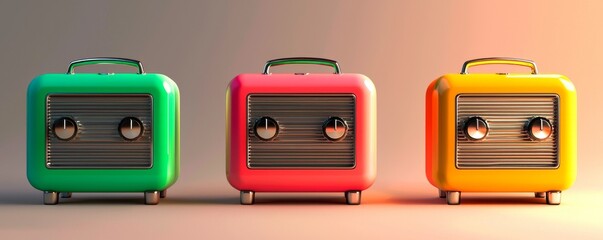 Fototapeta premium Colorful retro audio cassette players arranged in a vibrant display.