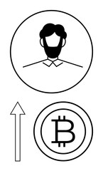 Obraz premium Portrait icon of a person in a circle, large Bitcoin symbol encircled below, upward arrow indicating growth. Ideal for cryptocurrency, investment, finance, growth, personal portfolio, digital