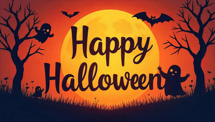 Naklejka premium Halloween Greeting with Pumpkins and Bats