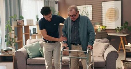 Caregiver, old man and helping hand with walker for support, assisted living facility or nursing home for wellness. Senior care, health and elderly person with healthcare worker for mobility or walk - Powered by Adobe