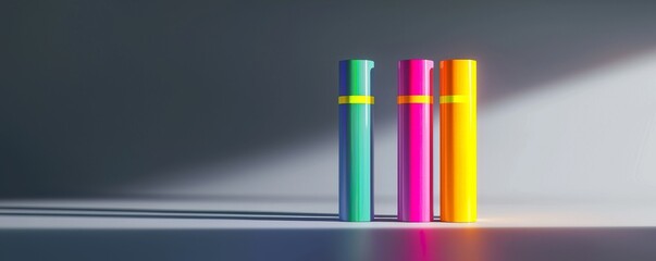 Obraz premium Colorful tubes arranged artistically, casting shadows in soft light, enhancing creativity.