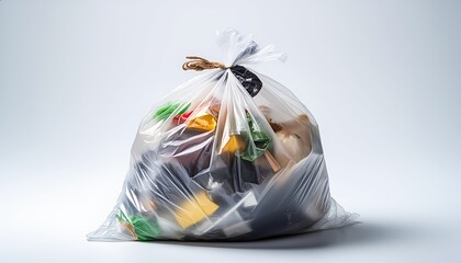 A clear plastic garbage bag filled with colorful waste items, tied with a brown string. Ideal for illustrating waste management, recycling, or environmental themes