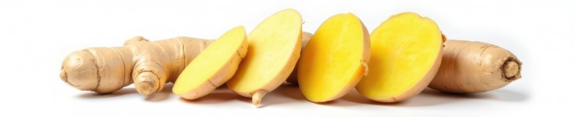 Fresh ginger root, knobbly texture, isolated on white , fresh, food