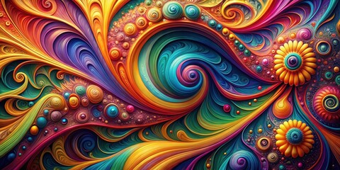 Vibrant swirling colors blend into a mesmerizing abstract background with intricate patterns and shapes , artwork
