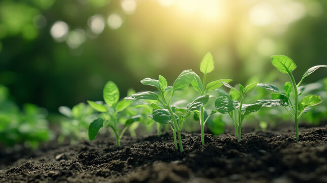 Pl&aacute;ntulas verdes creciendo en tierra f&eacute;rtil bajo la luz del sol en un entorno natural al aire libre

