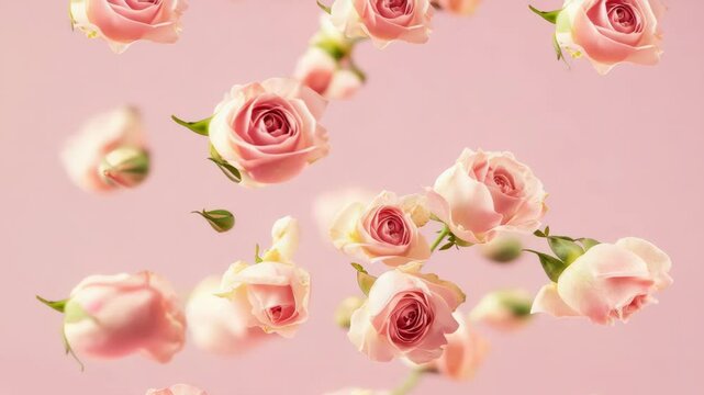 Bunch of pink roses are floating in the air. Concept of freedom and lightness, as the roses seem to be weightless and floating effortlessly. The pink color of the roses adds a touch of elegance