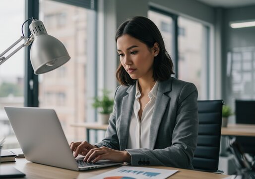 Young businesswoman working on laptop at her desk in a modern office
