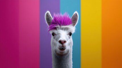 Fototapeta premium Llama with purple mohawk. vibrant animal portrait with colorful background stripes