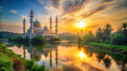 Majestic mosque stands serenely amidst lush greenery as the sun rises over a tranquil river, casting a warm golden glow on its arches and minarets , architecture, peaceful