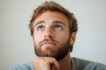 Obraz premium Bearded man looking up thoughtfully, resting chin on hand, close-up portrait.
