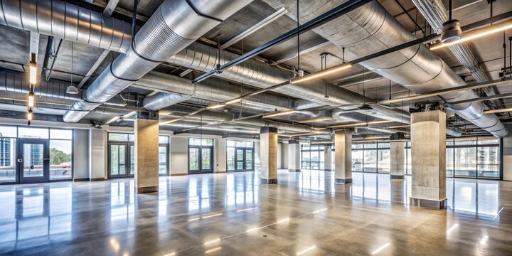 High ceilings with industrial concrete columns and exposed ductwork in a modern office building, high ceilings, industrial decor
