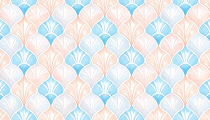 Floral Geometric pattern with scalloped design. Watercolor damask ornament. Hand painted Indian textile, background, wallpaper.