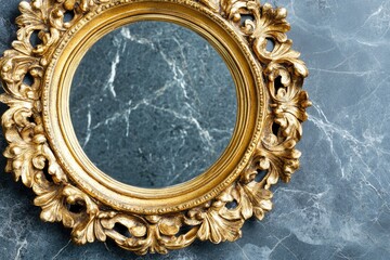 Ornate gold framed round mirror on gray marble