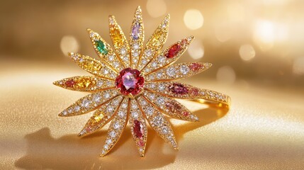 Fototapeta premium Sunburst gem brooch reflecting ambient light on gold backdrop