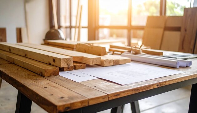 Woodworking project Wooden planks blueprints on a rustic table Sunlight streams through a window - Powered by Adobe