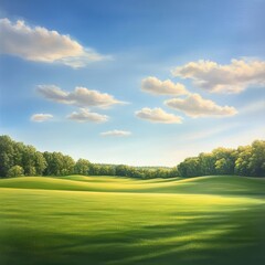Serene landscape painting of rolling hills vibrant green meadows nature art peaceful environment gigapixel detail