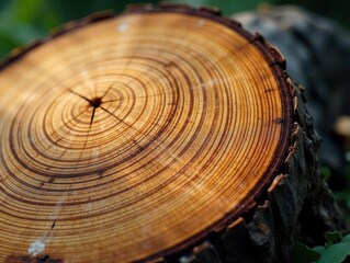 Close up of aged tree rings, tight curves, light and dark bands, history, wood, ring