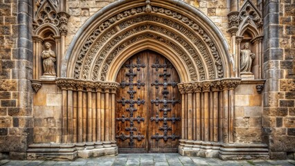 Obraz premium Ancient stone door with intricate carvings and ornate details, set in a grand entrance of a medieval monastery , door
