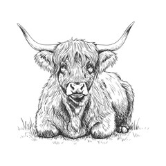 Peaceful Highland cow resting in grass with curved horns and long fur, detailed hand-drawn vintage farm animal sketch illustration

