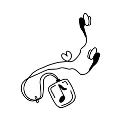 Hand drawn doodle simple wired headphones with music source with musical note, heart shape. Isolated on white background
