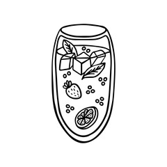 Hand drawn doodle simple summer cocktail with strawberries, citrus, mint leaf and ice cubes in glass. Isolated on white background